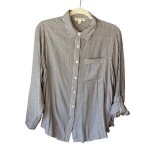Fig + Flower Womens  Black White Striped Roll Tab Button‎ Down Shirt Medium